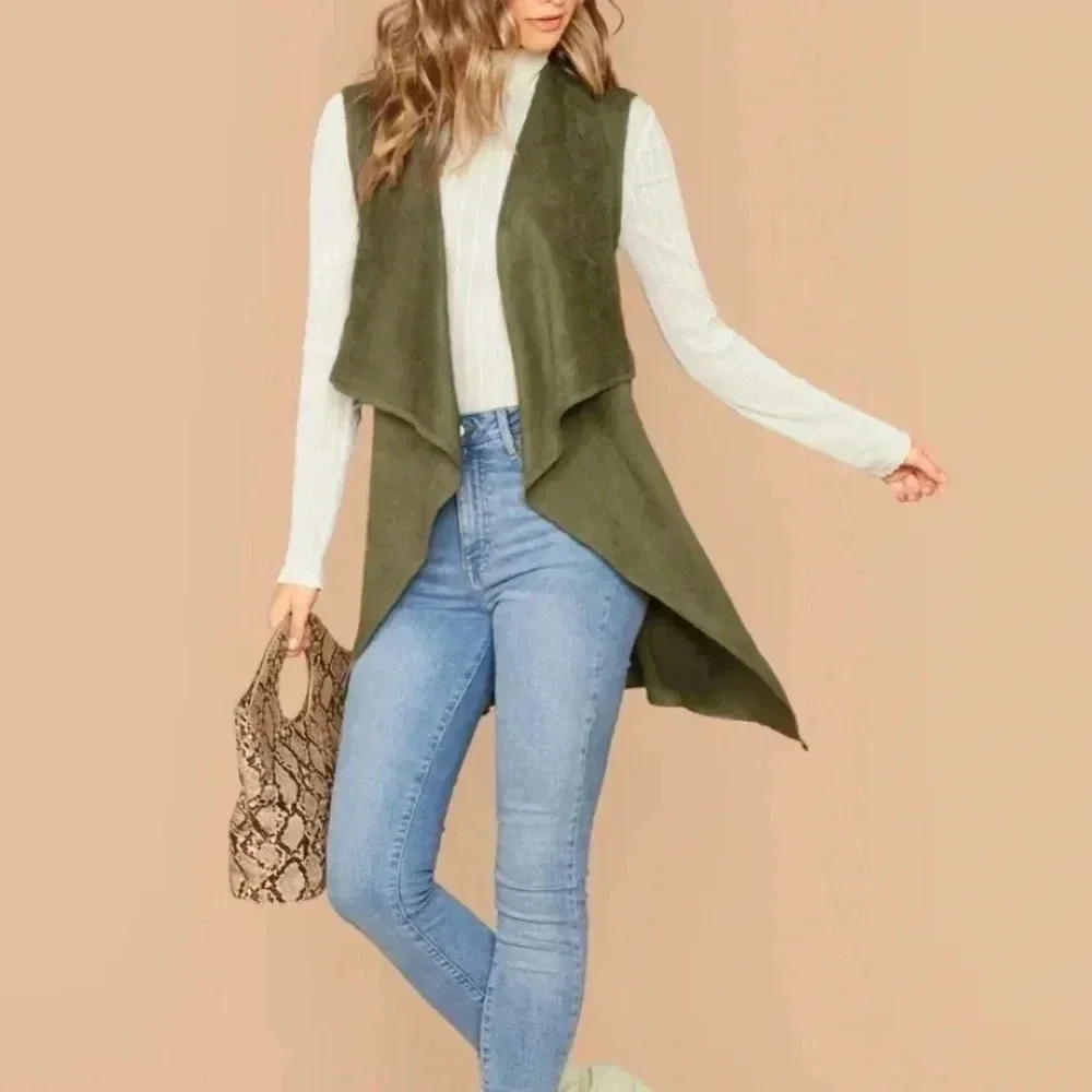 Waterfall collar self Belted asymmetrical hem vest